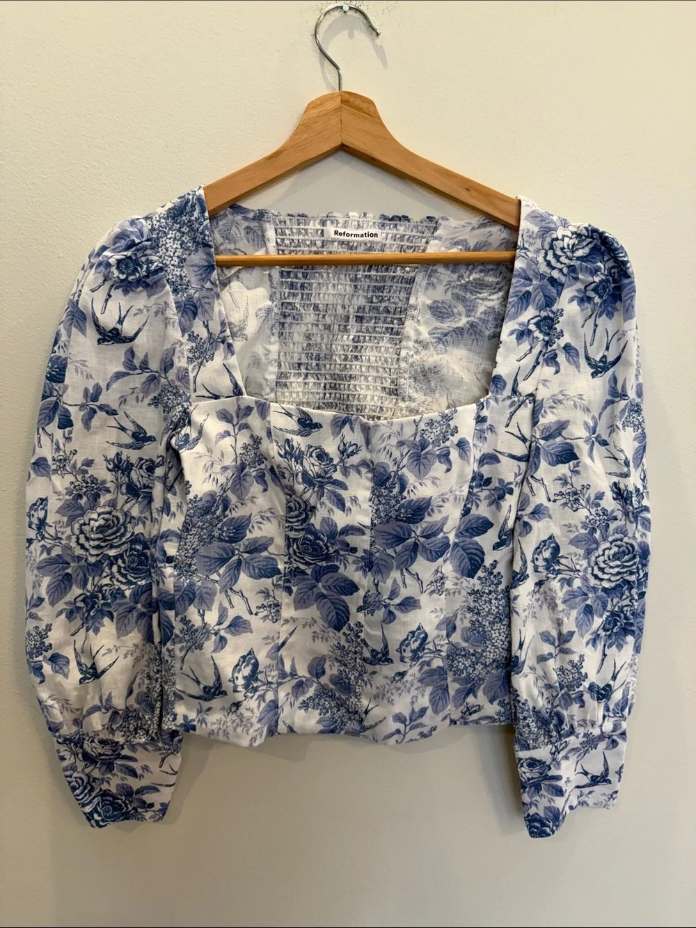 Reformation Stilton Linen Top White and Blue Floral Square-Neck Blouse
